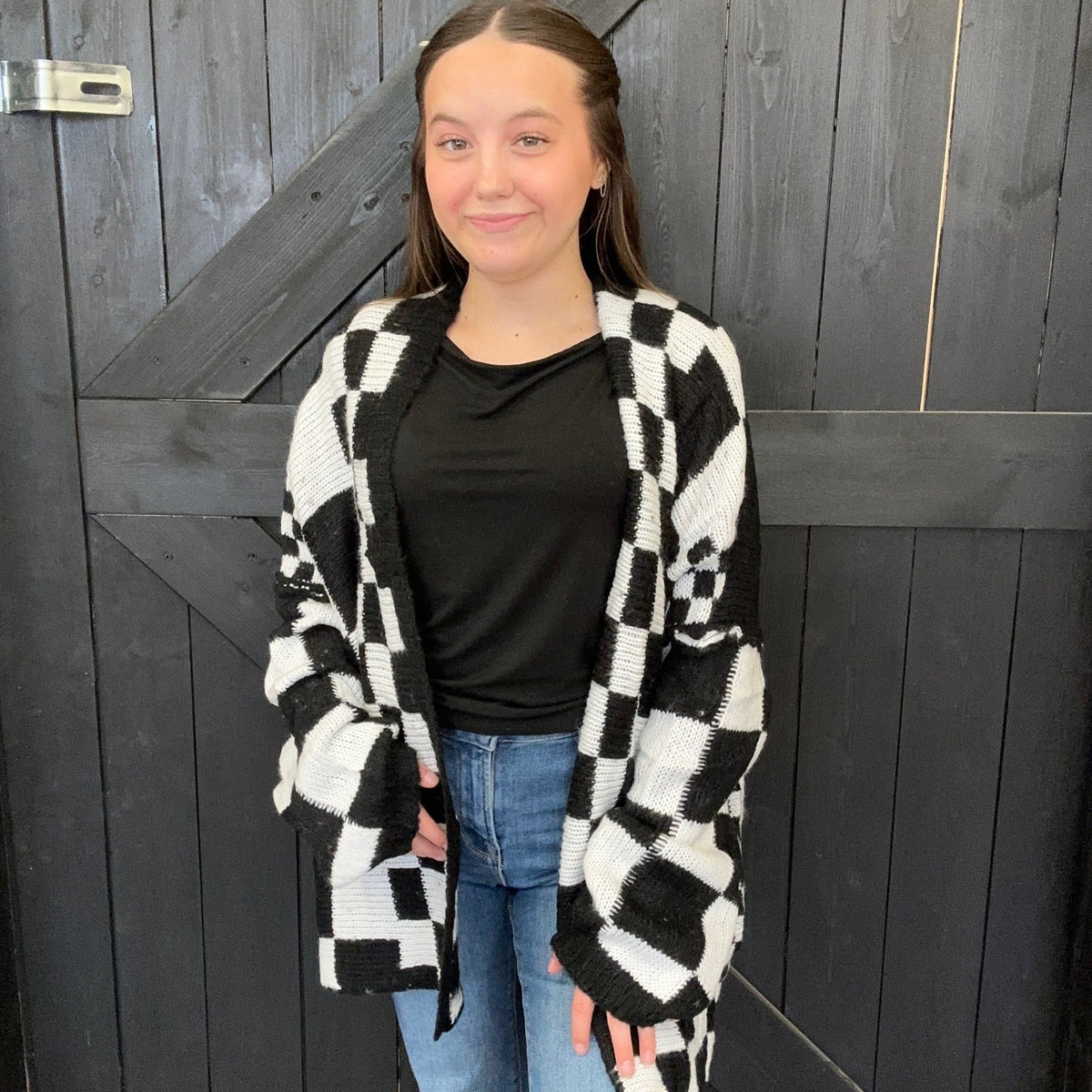 Black & White Checkered Sweater Cardigan - Country Lace Boutique