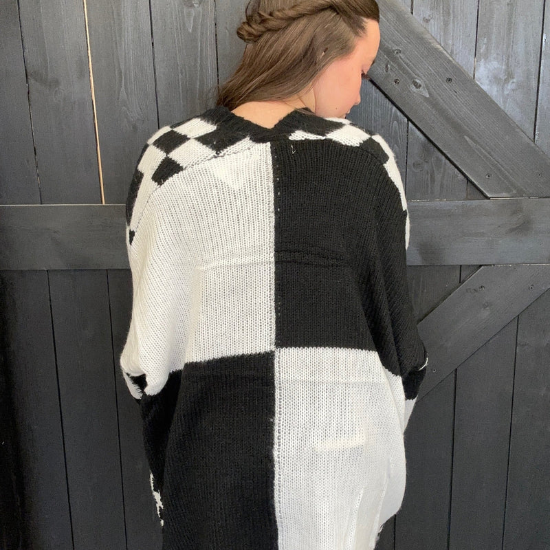 Black & White Checkered Sweater Cardigan - Country Lace Boutique