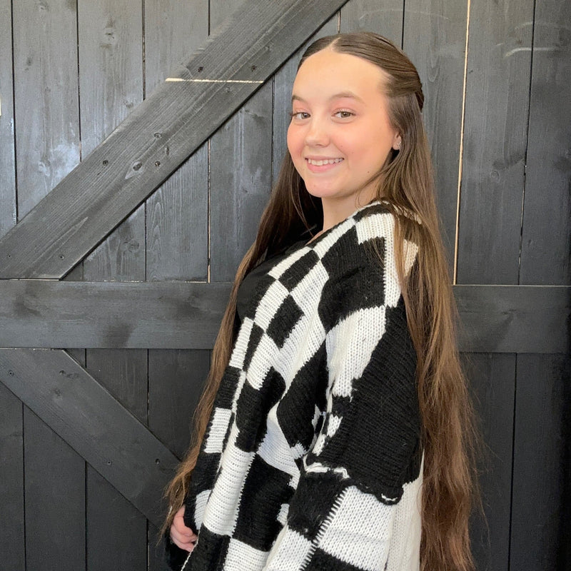 Black & White Checkered Sweater Cardigan - Country Lace Boutique