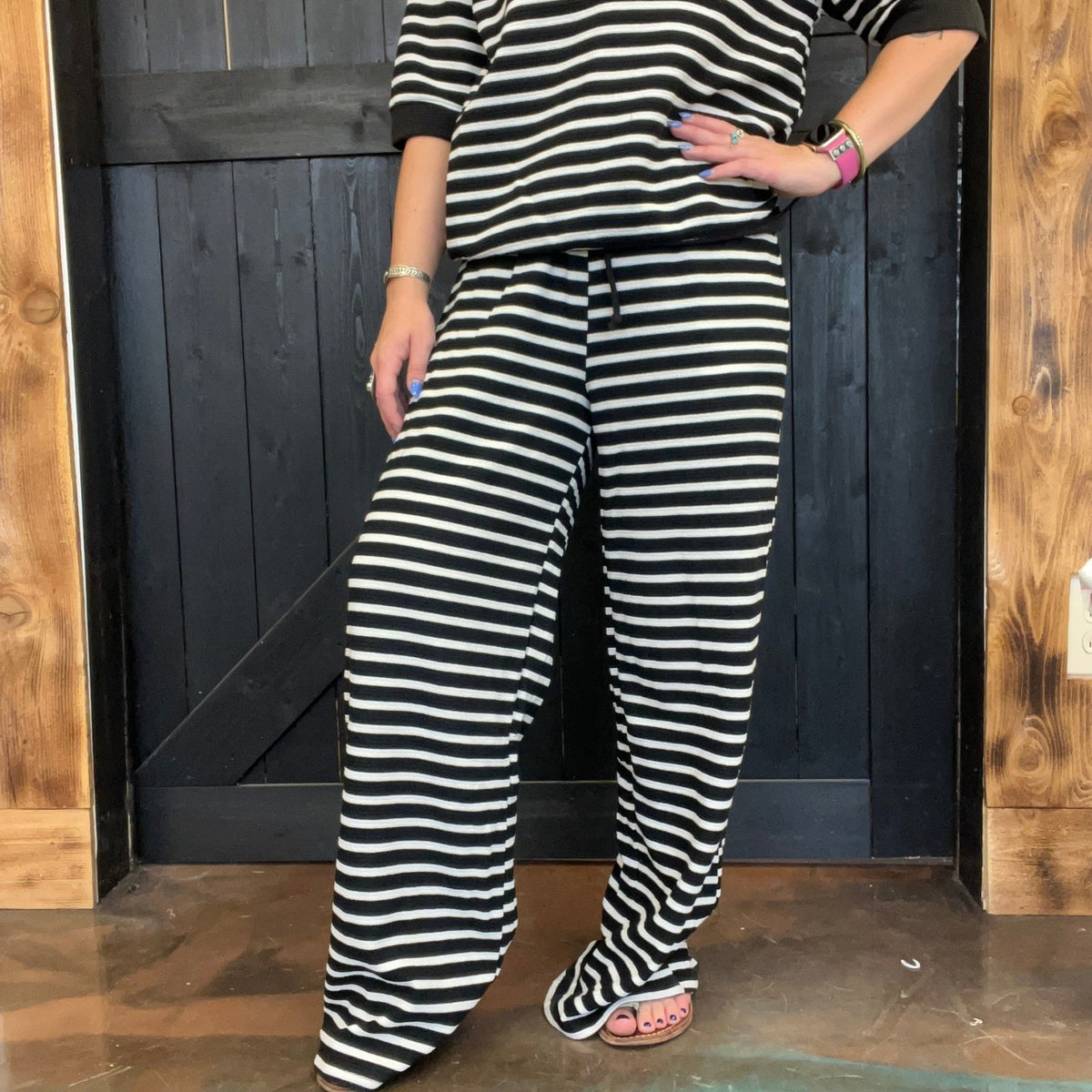 Black & White Knit Stripe with Draw String & Pocket Joggers - Country Lace Boutique