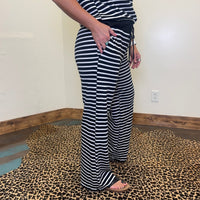Black & White Knit Stripe with Draw String & Pocket Joggers - Country Lace Boutique