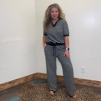 Black & White Knit Striped Short Sleeve V Neck Ribbed Shirt - Country Lace Boutique