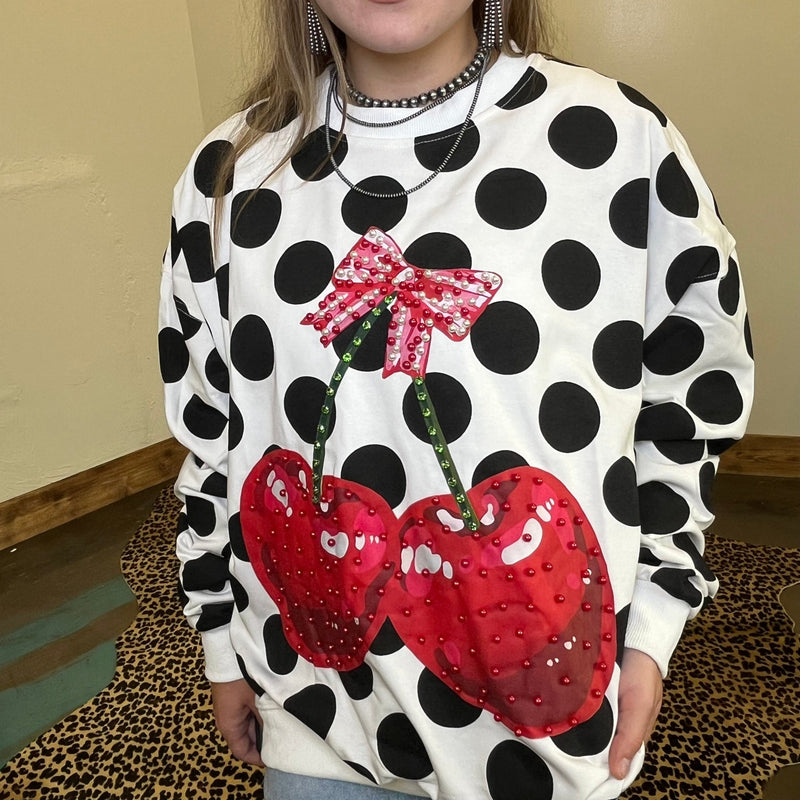 Black & White Polka Dot Red Cherry Long Sleeve Sweatshirt - Country Lace Boutique