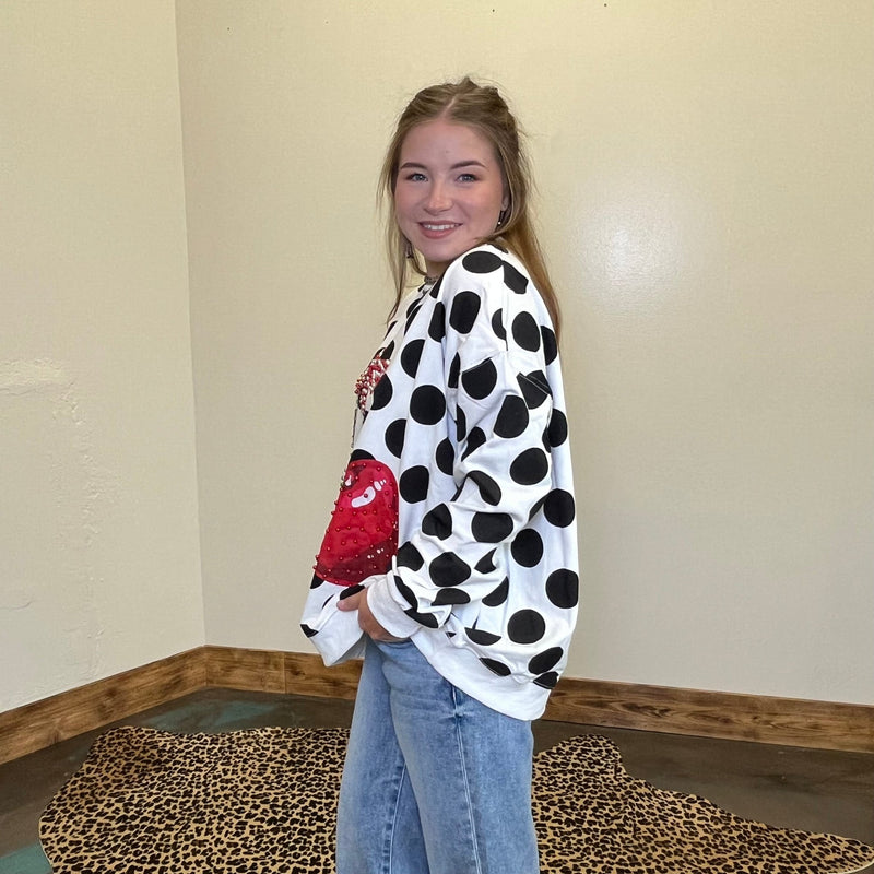 Black & White Polka Dot Red Cherry Long Sleeve Sweatshirt - Country Lace Boutique