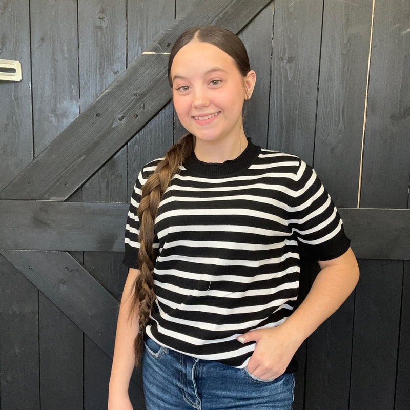 Black & White Strip Short Sleeve Crew Neck Shirt - Country Lace Boutique