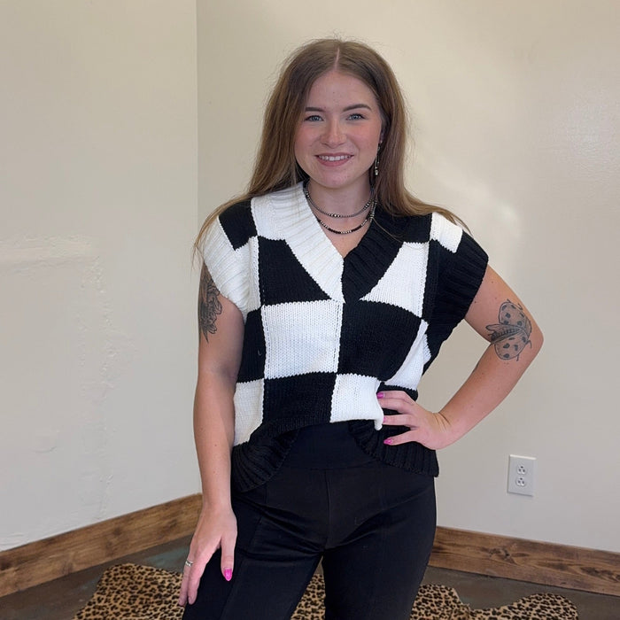 Black & White V Neck Checker Sweater Vest - Country Lace Boutique