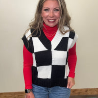 Black & White V Neck Checker Sweater Vest - Country Lace Boutique