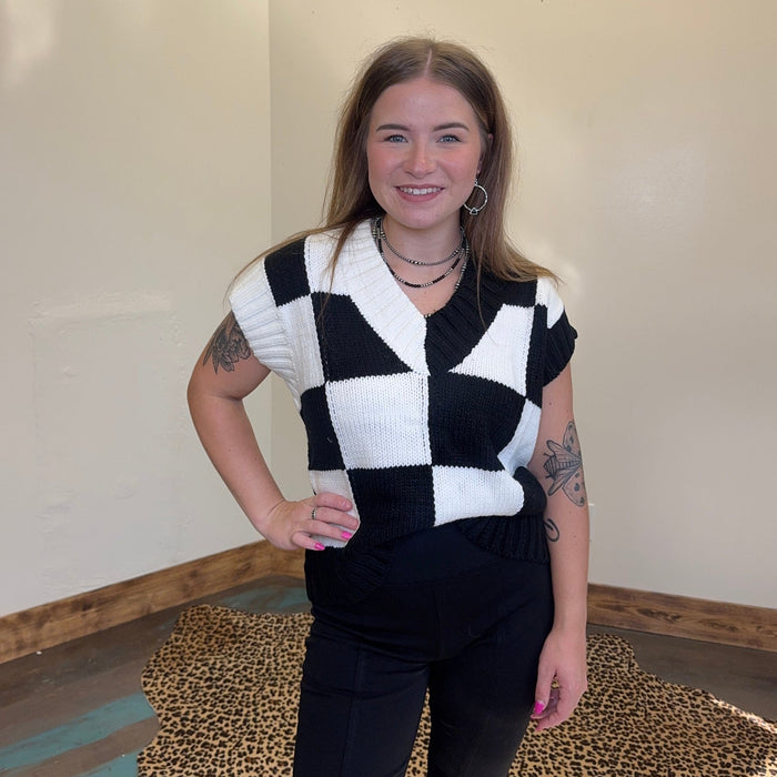Black & White V Neck Checker Sweater Vest - Country Lace Boutique