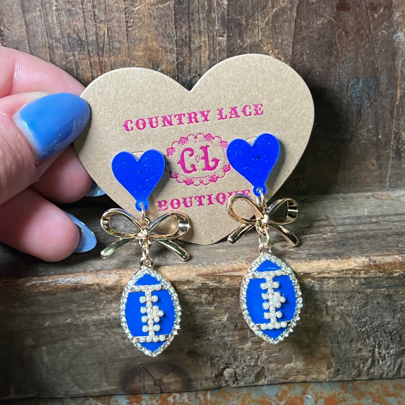 Blue Game DayFootball Dangle with Gold Bow Post Fashion Earrings - Country Lace Boutique