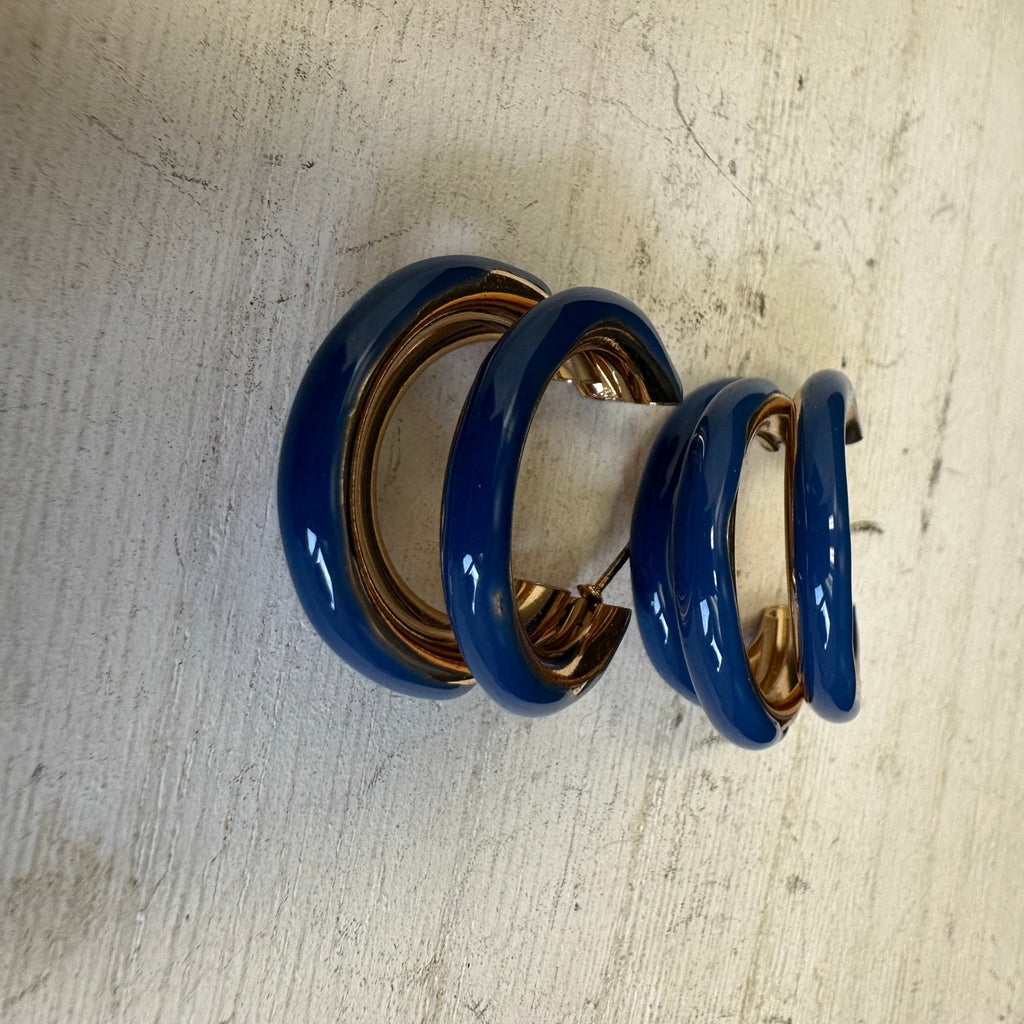 Blue & Gold 3 Hoop Post Fashion Earrings - Country Lace Boutique