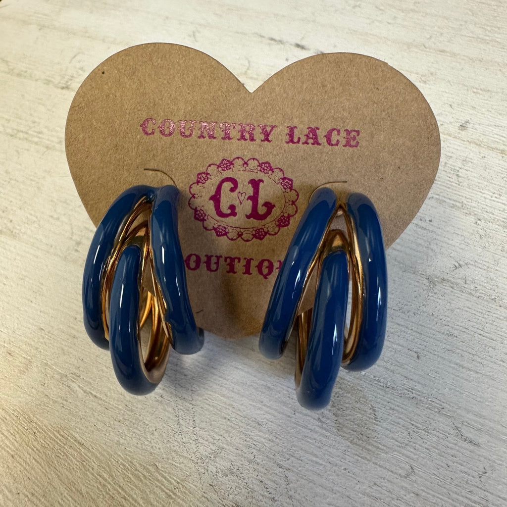 Blue & Gold 3 Hoop Post Fashion Earrings - Country Lace Boutique