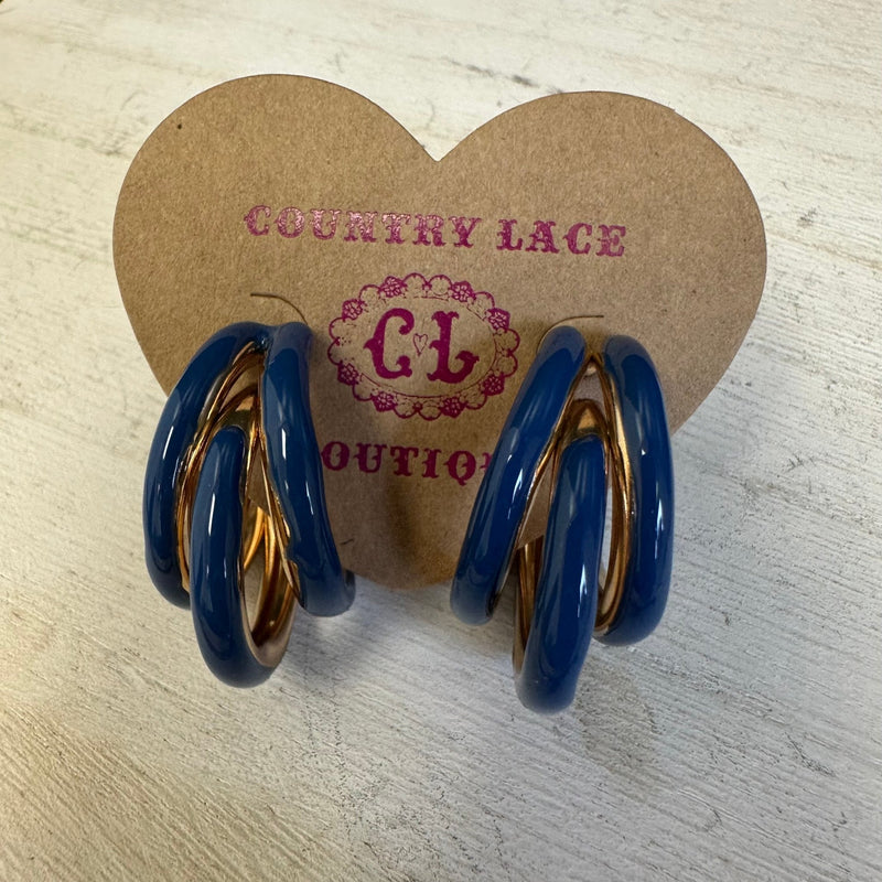Blue & Gold 3 Hoop Post Fashion Earrings - Country Lace Boutique