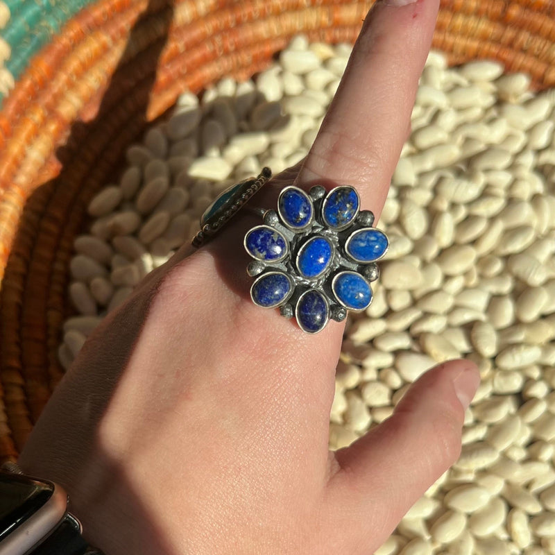 Blue Lapis Cluster Adjustable Sterling Silver Ring - Country Lace Boutique