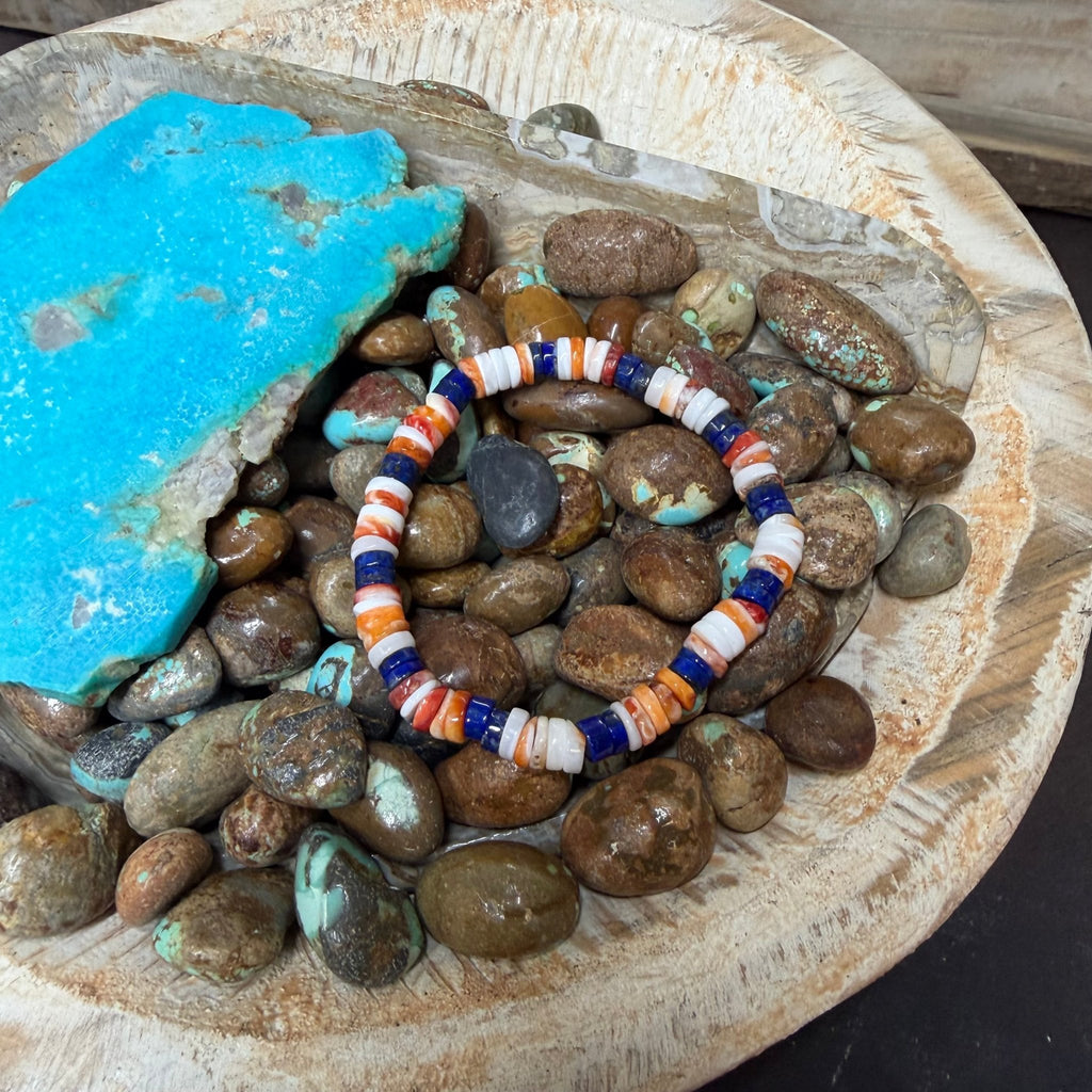 Blue Lapis & Orange Spiny Heishi Stretchy Bracelet - Country Lace Boutique