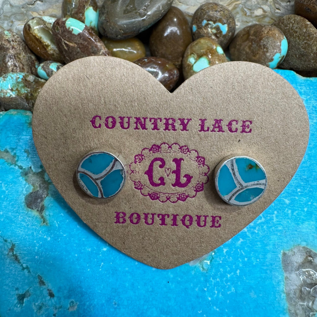 Blue Lil Opal Inlay Round Post Stud Sterling Silver Earring - Country Lace Boutique