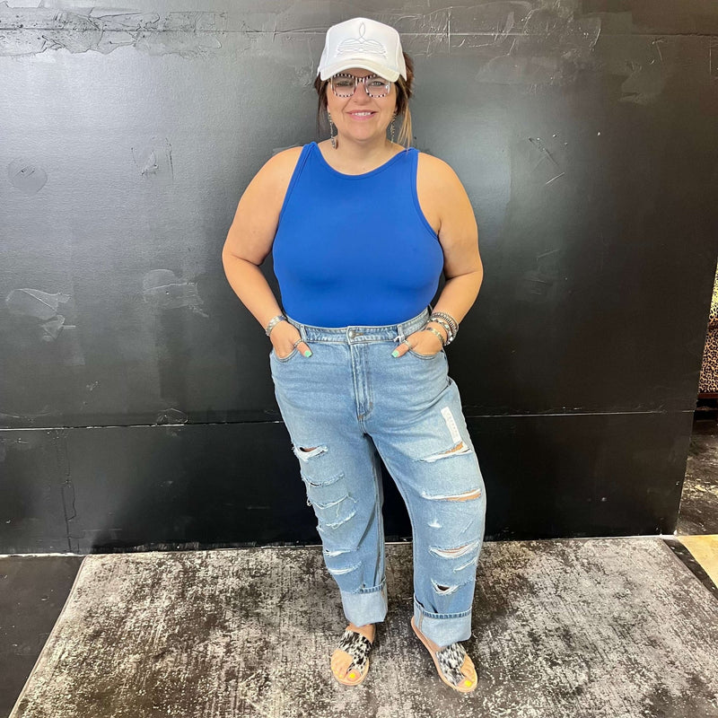 Blue Round Neck Tank Top Bodysuit - Country Lace Boutique