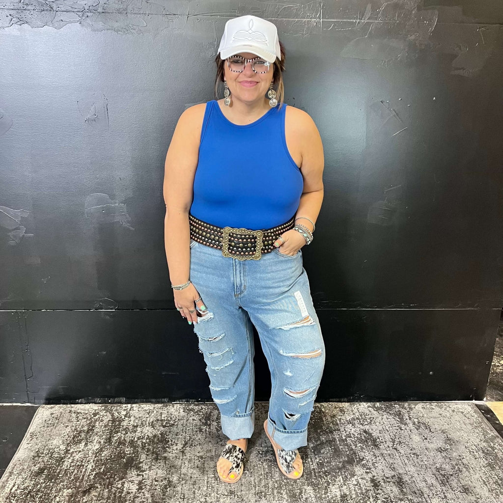 Blue Round Neck Tank Top Bodysuit - Country Lace Boutique