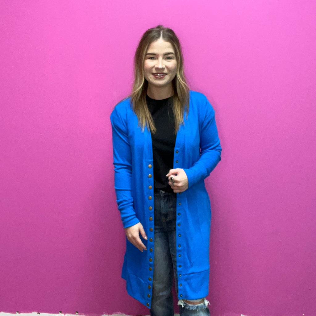 Blue Snap Down w/ Pockets Long Sleeve Soft Cardigan - Country Lace Boutique