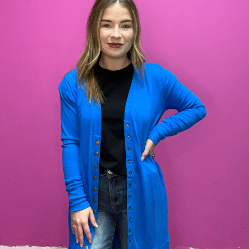Blue Snap Down w/ Pockets Long Sleeve Soft Cardigan - Country Lace Boutique