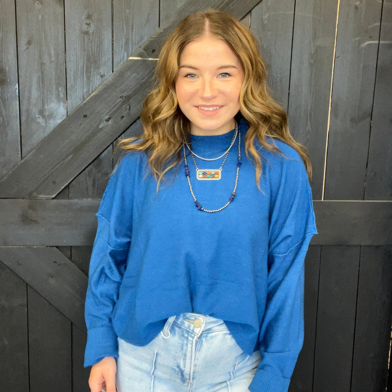 Blue Super Soft Inside Out Crop Long Sleeve Sweater - Country Lace Boutique