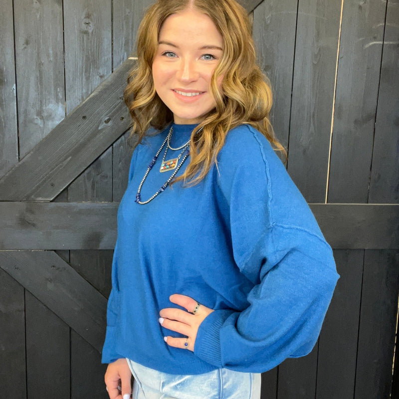 Blue Super Soft Inside Out Crop Long Sleeve Sweater - Country Lace Boutique