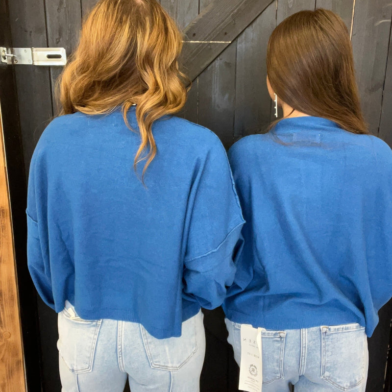 Blue Super Soft Inside Out Crop Long Sleeve Sweater - Country Lace Boutique