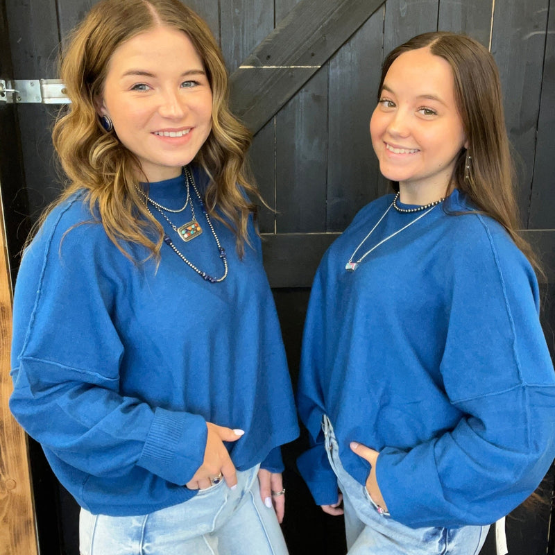 Blue Super Soft Inside Out Crop Long Sleeve Sweater - Country Lace Boutique