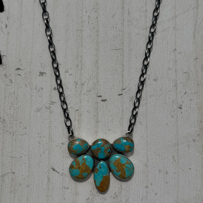 Blue Turquoise Half Cluster Sterling Silver Necklace - Country Lace Boutique