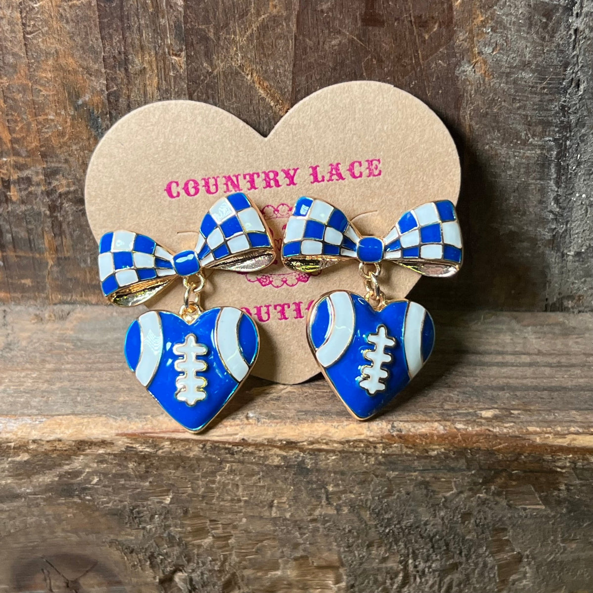 Blue & White Football Bow Post Fashion Earrings - Country Lace Boutique