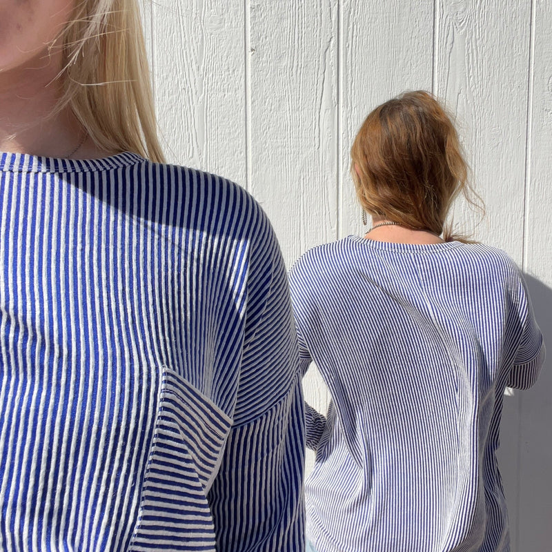 Blue & White Ribbed Soft Crop Shirt - Country Lace Boutique