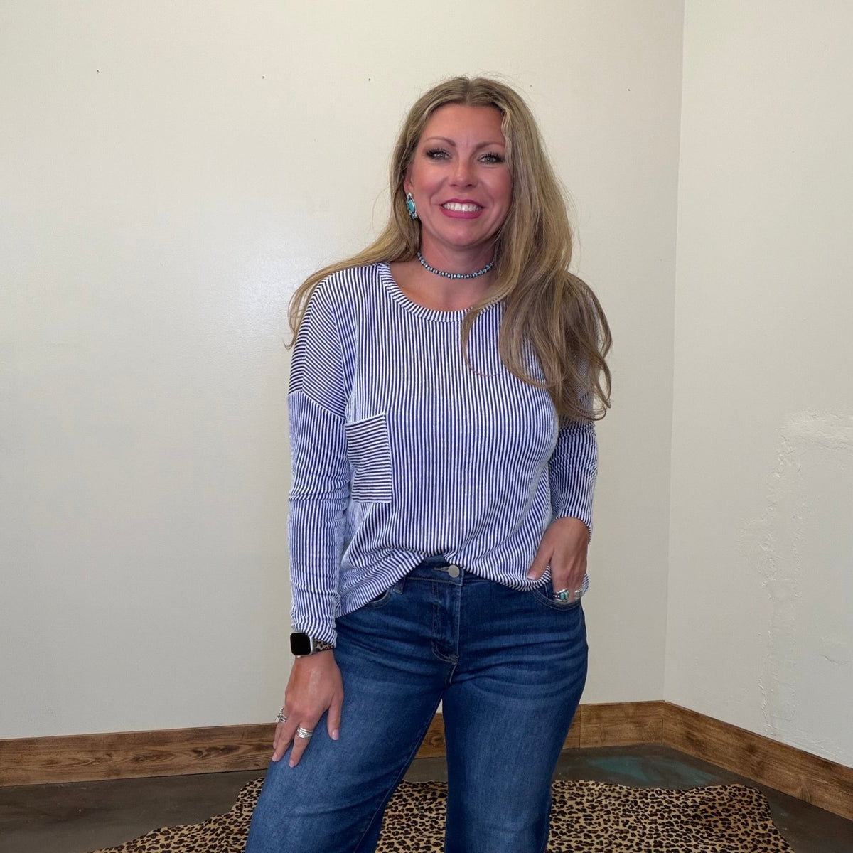 Blue & White Ribbed Soft Crop Shirt - Country Lace Boutique