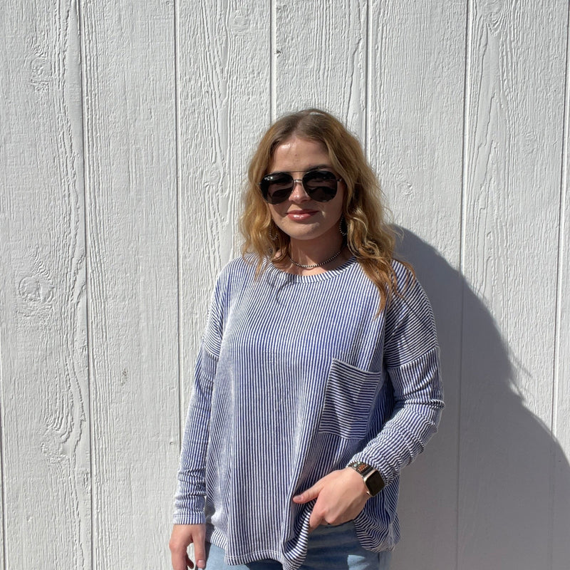 Blue & White Ribbed Soft Crop Shirt - Country Lace Boutique