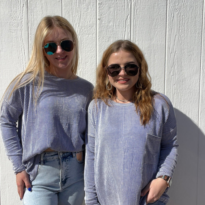 Blue & White Ribbed Soft Crop Shirt - Country Lace Boutique