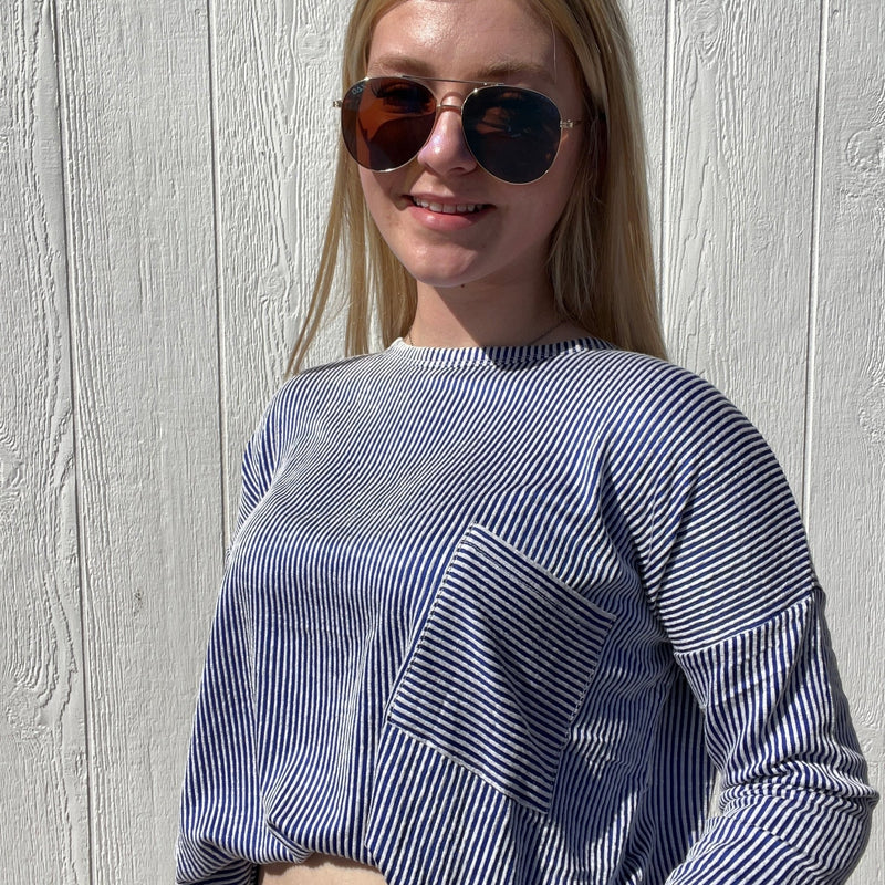 Blue & White Ribbed Soft Crop Shirt - Country Lace Boutique