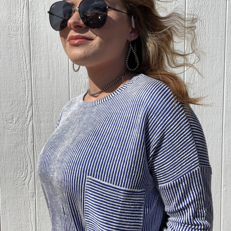 Blue & White Ribbed Soft Crop Shirt - Country Lace Boutique