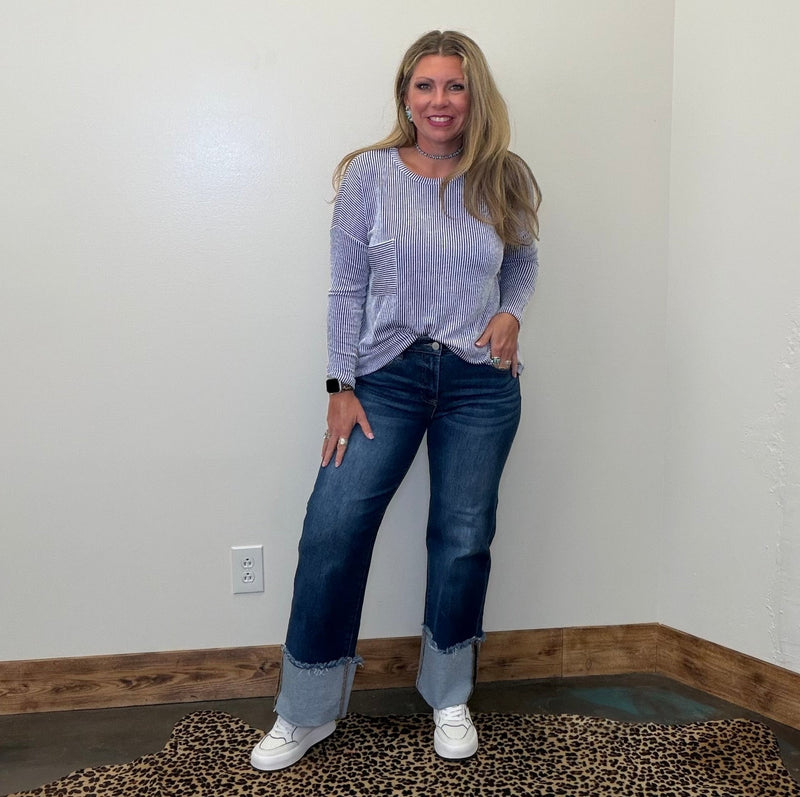 Blue & White Ribbed Soft Crop Shirt - Country Lace Boutique