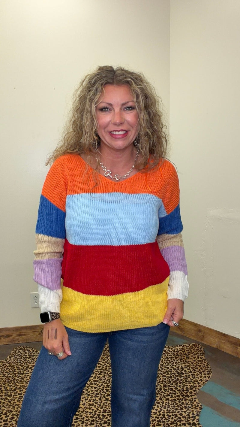Bright Multi Color Twisted Back Long Sleeve Sweater - Country Lace Boutique