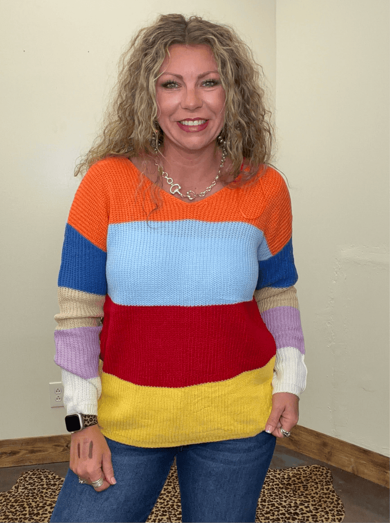 Bright Multi Color Twisted Back Long Sleeve Sweater - Country Lace Boutique