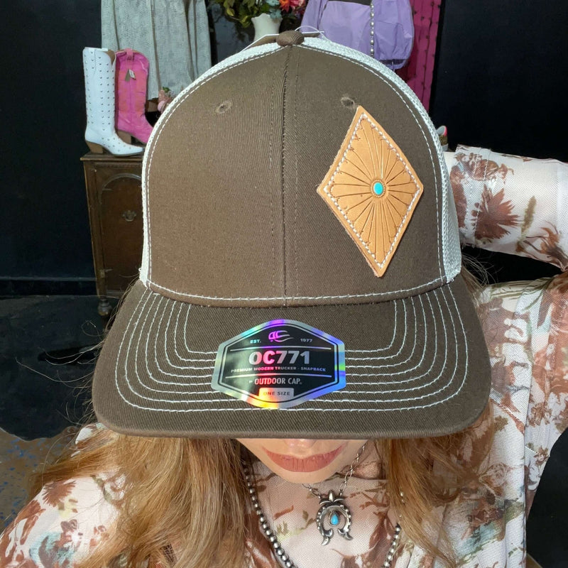 Brown Natural Tooled Diamond Trucker Hat - Country Lace Boutique