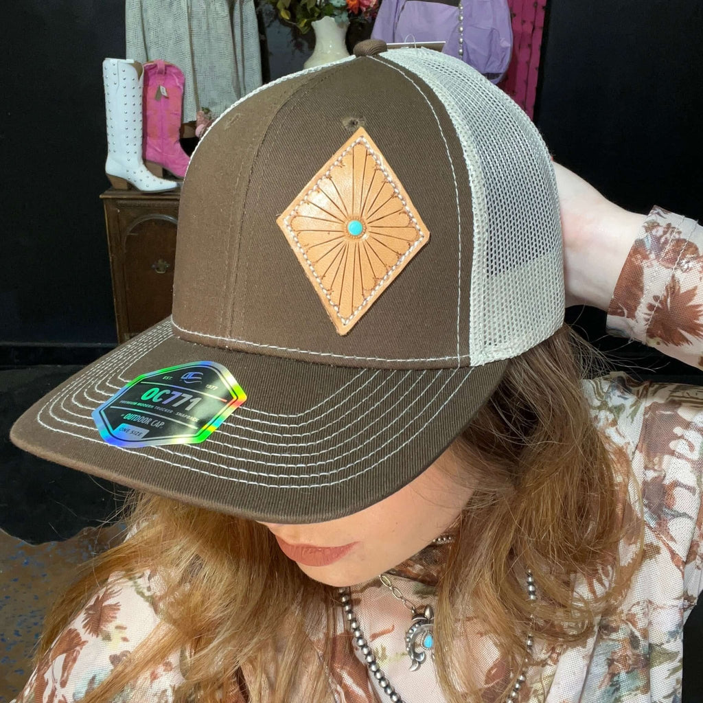 Brown Natural Tooled Diamond Trucker Hat - Country Lace Boutique