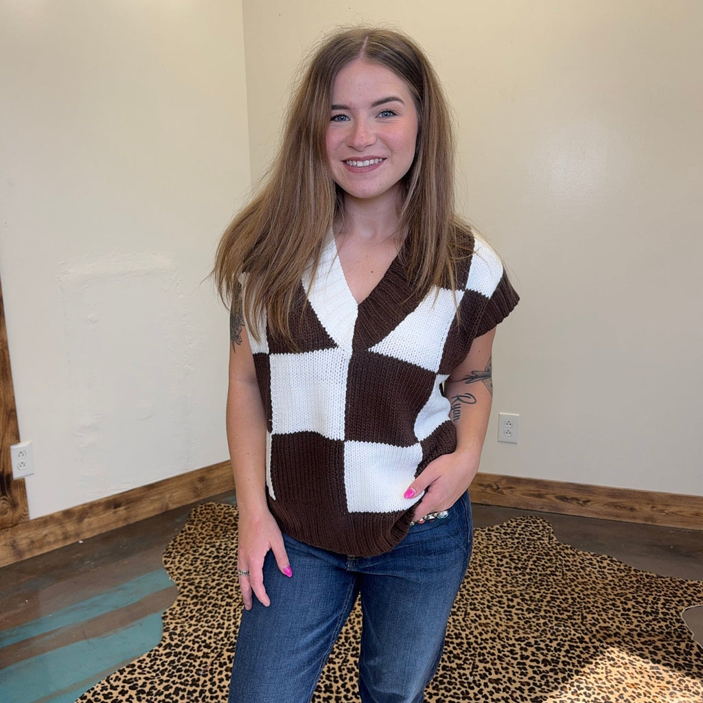 Brown & White V Neck Checker Sweater Vest - Country Lace Boutique