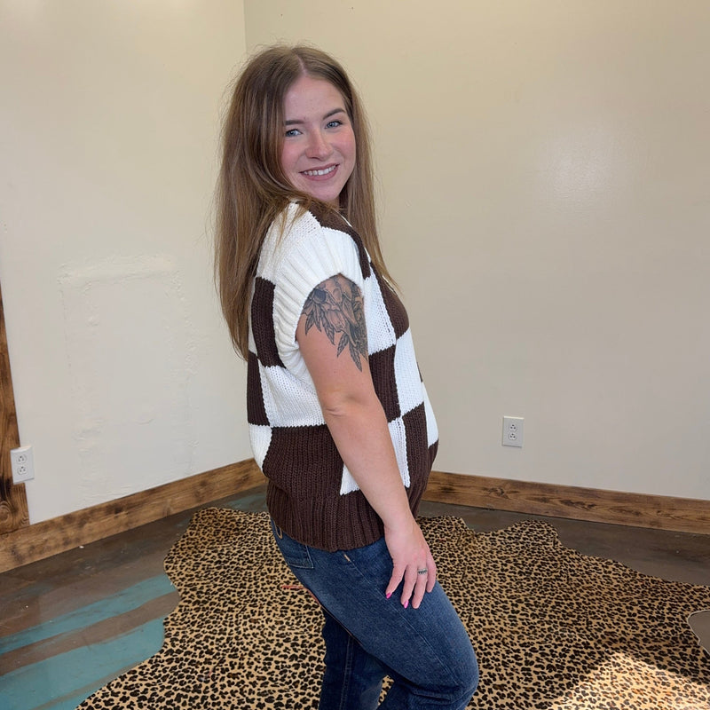 Brown & White V Neck Checker Sweater Vest - Country Lace Boutique