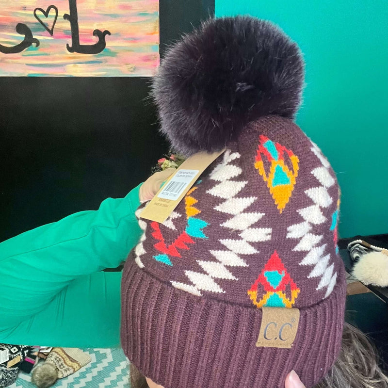 Burgundy Southwestern Tribal CC Beanie - Country Lace Boutique
