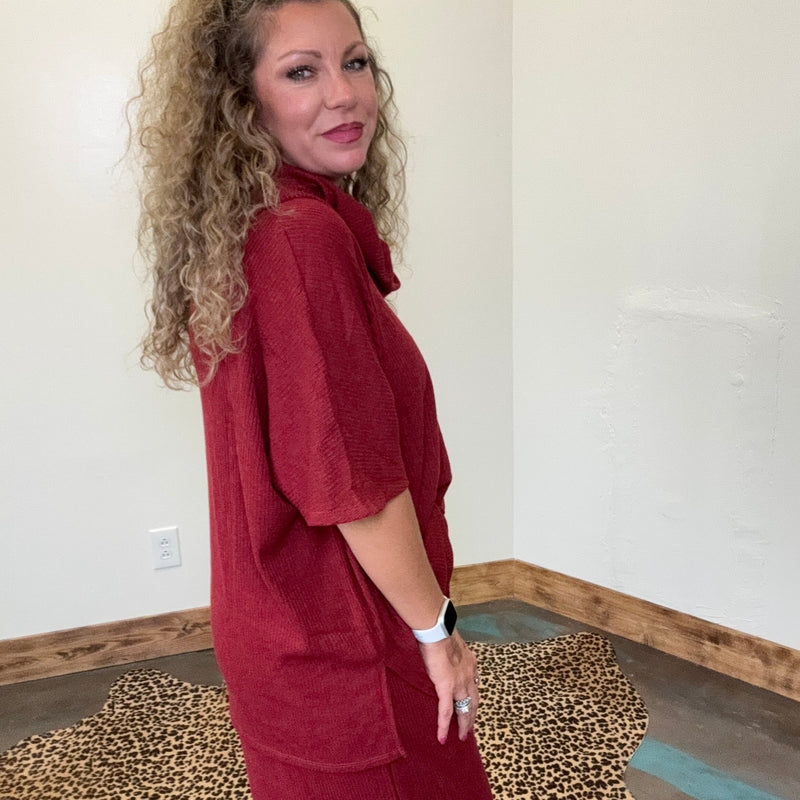 Burgundy Wine Cowneck Ribbed Shirt - Country Lace Boutique