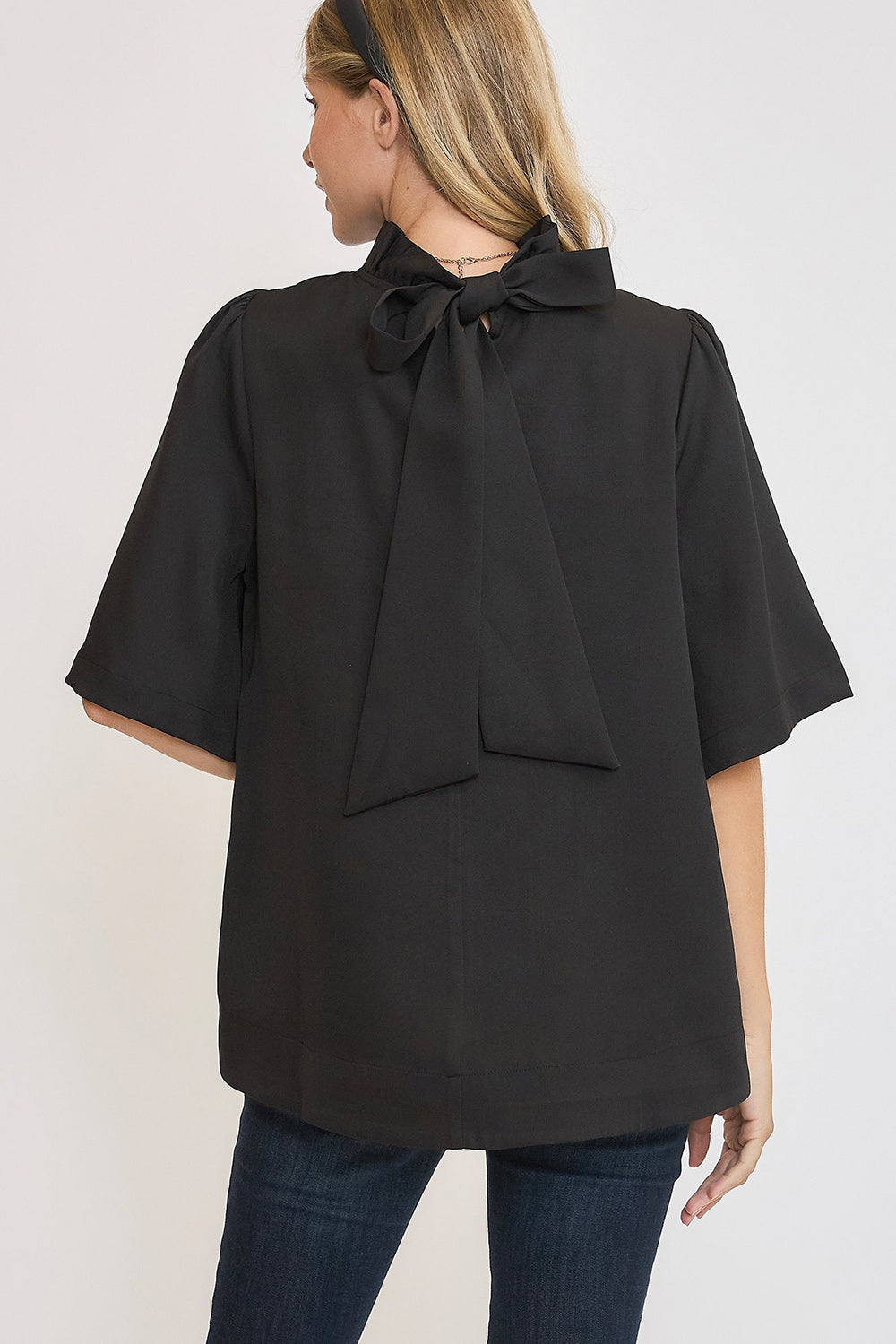 Bow Tie Back Mock Neck Half Sleeve Blouse