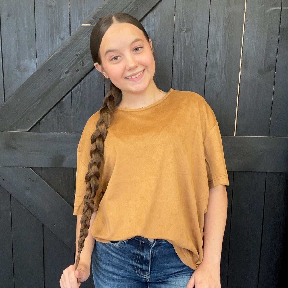 Camel Brown Suede Like Short Sleeve Shirt - Country Lace Boutique