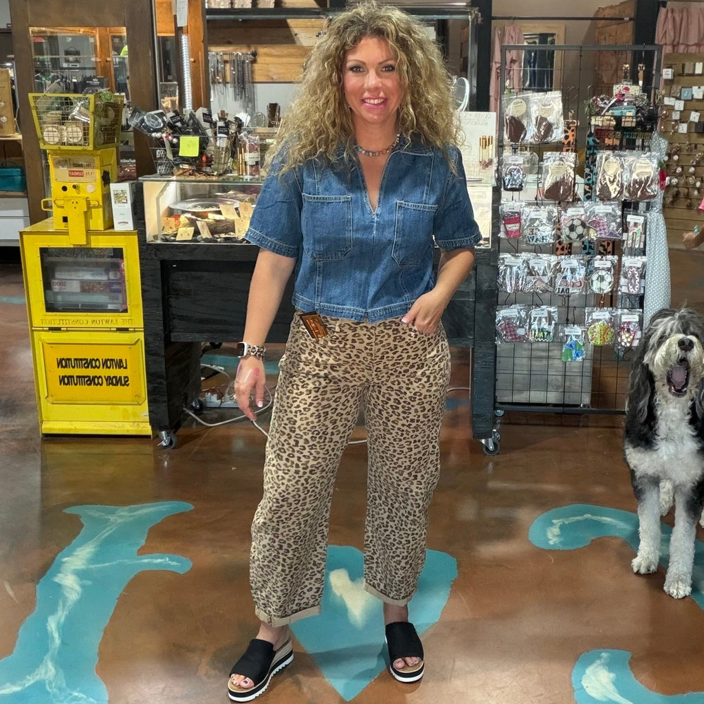 Camel Leopard Barrel Risen Jeans - Country Lace Boutique
