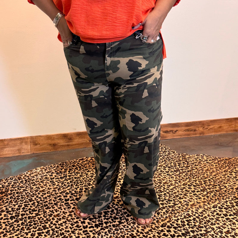 Camo Mid Rise Fit Straight Wide Risen Jeans - Country Lace Boutique