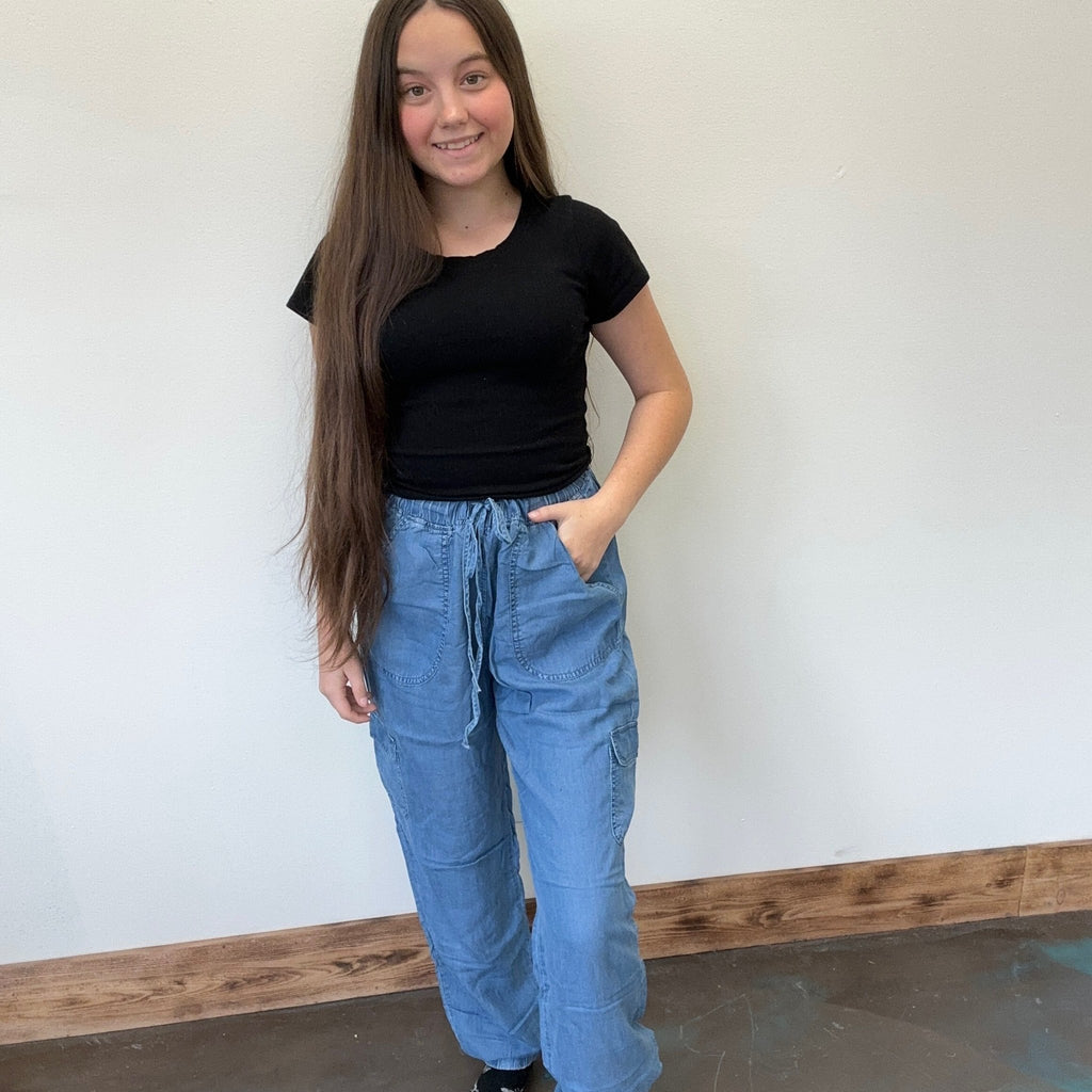 Chambray Like Elastic Waist Tie Cargo Joggers - Country Lace Boutique