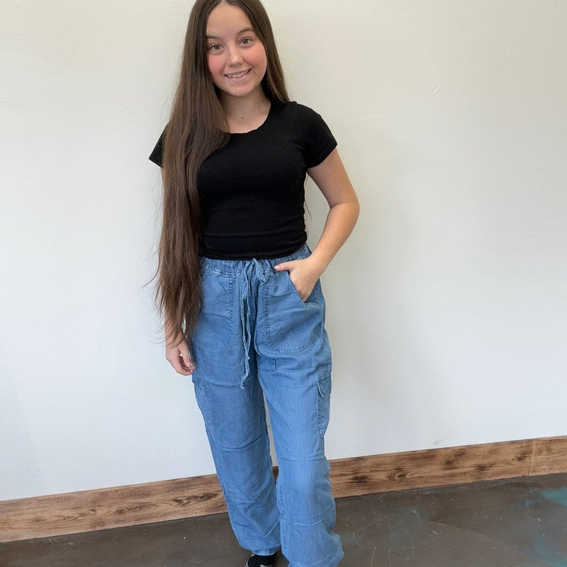 Chambray Like Elastic Waist Tie Cargo Joggers - Country Lace Boutique